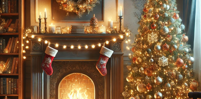 A warm and festive scene with a glowing fireplace, Christmas tree, and holiday decorations.