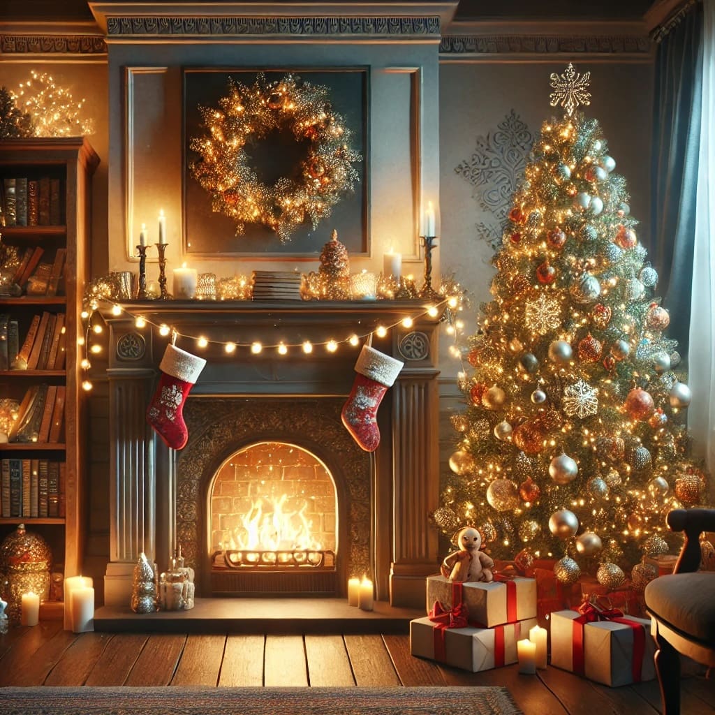 Cozy Christmas fireplace with a decorated tree, holiday garlands, and books, creating a warm festive atmosphere.